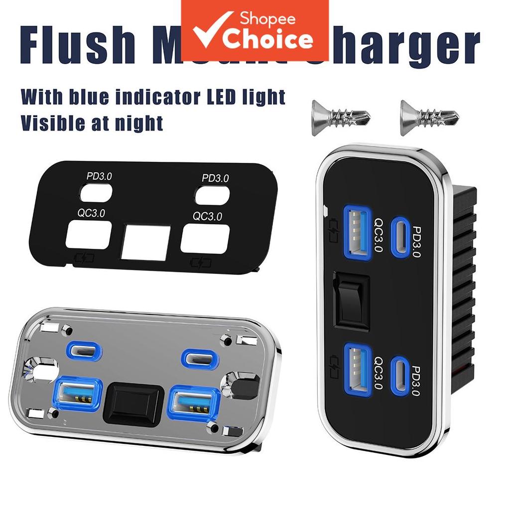 QC 3.0 76W Carregador Veicular à Prova D'água com Duplo PD3.0 Tipo-C e 4 Portas USB Carregador Rápido Universal 12V/24V