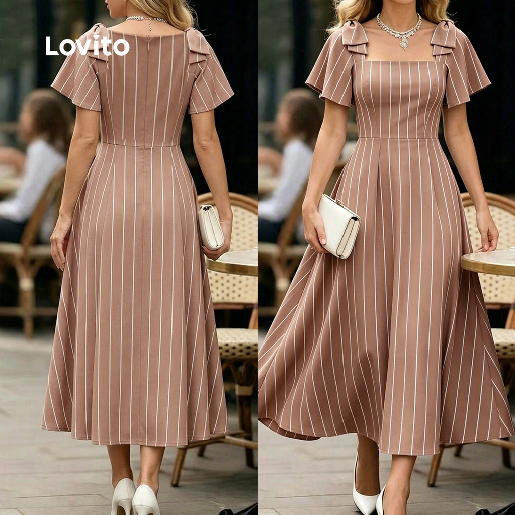 (New) Lovito Vestido Elegante com Alças Largas Nos Ombros Zíper Vestido Marrom Primavera/verão para mulheres LBL36080