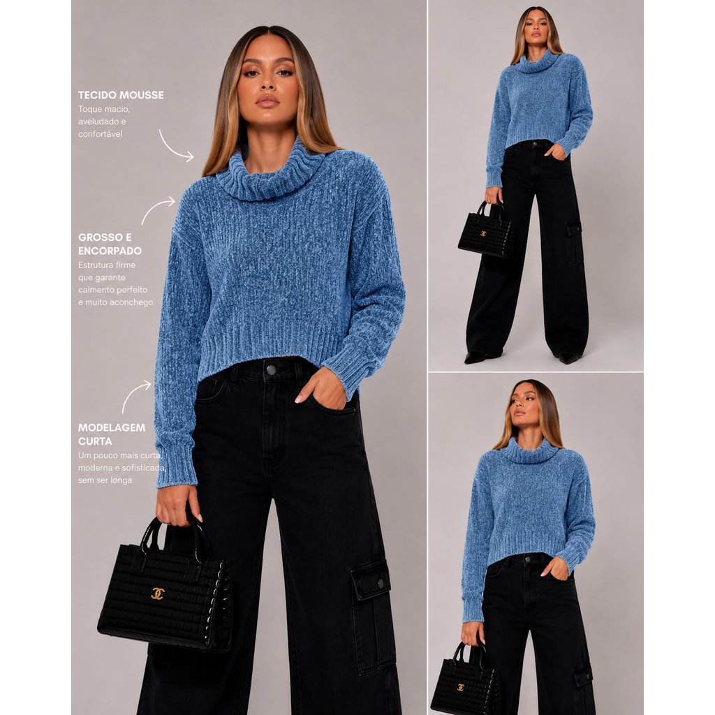 Blusa trico gola alta,outono inverno,tricô mousse,estilo corpped.