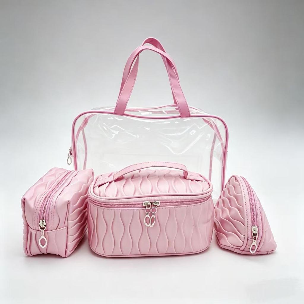 Conjunto Organizador de Maquiagem com Bolsa Transparente e 3 Estojos, Varias Cores