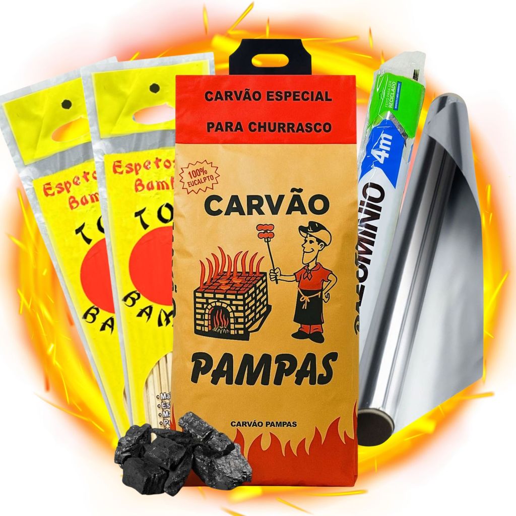 Kit Churrasqueiro - Papel alumínio rolo + Espeto bambu 25cm + Carvão Pampas 2kg Torcida Hexa Golaço