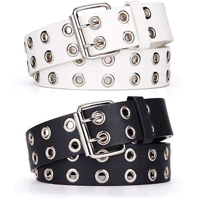 Cinto Feminino Preto com Ilhós Duplo e Fivela Prata Estilo Punk