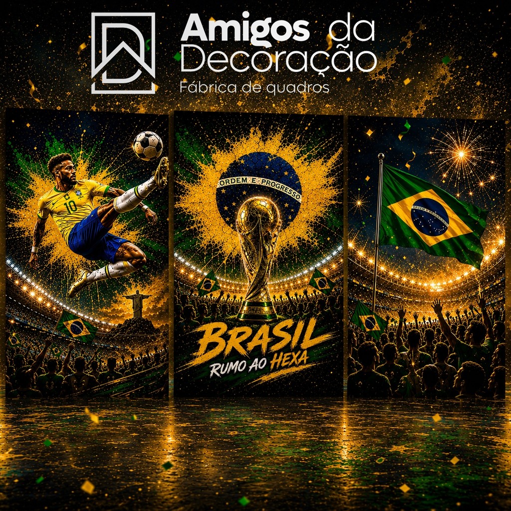 Kit 3 Quadros  Copa Mundo Brasil Seleção Futebol Decoração Torcida Brasileira Sala Quarto MDF Premium 3mm Escritório