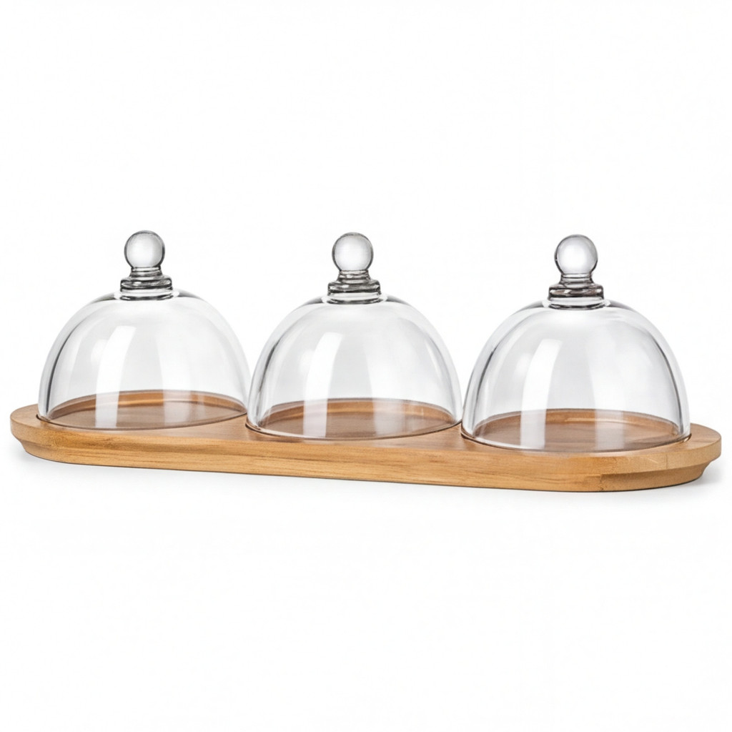 Petisqueira Mini Tripla Cristal Madeira Petiscos Decoração Mesa 3 Itens Comida Multiuso Resistente