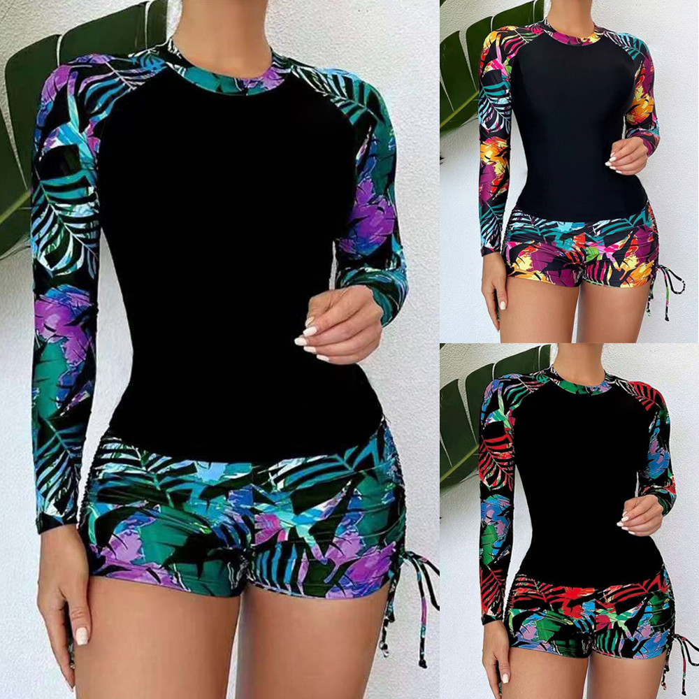 Roupa feminina com proteção solar, biquíni de cintura alta, maiô de duas peças com estampa e mangas compridas para prote