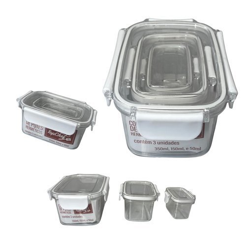 Kit 3 Potes Hermeticos Retangular Organizacao Conservacao Alimentos Transparente