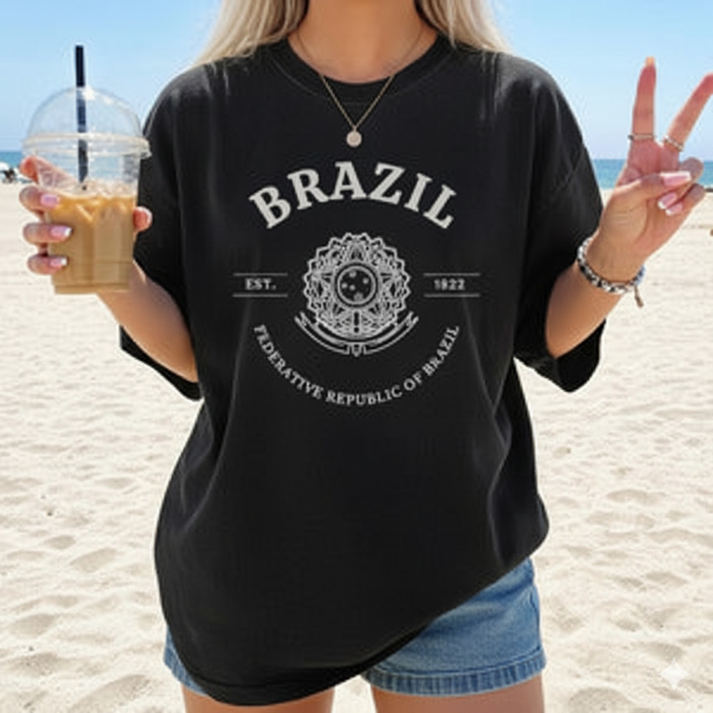 Camiseta Masculina Feminina Oversized Estampa Emblema República Federativa do Brasil Ano 1822, Camiseta Streetwear Preta