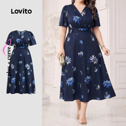 Lovito Elegante Vestido Plus Size Com Estampa Floral E Babados, Vestido De Verão/primavera Para Mulheres LBL23549