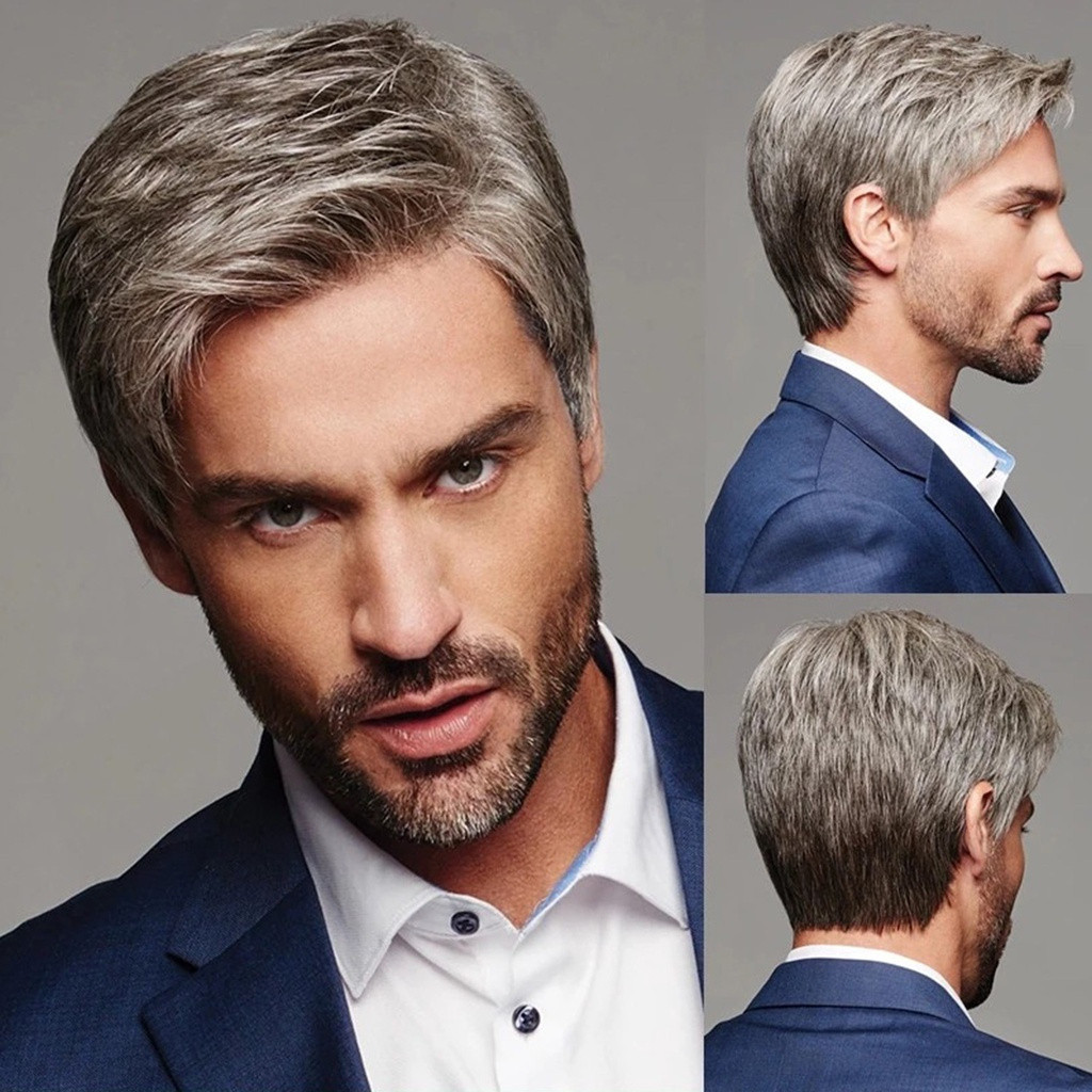 Nova Peruca Masculina da Moda, Cabelo Curto Cinza Prateado FATA