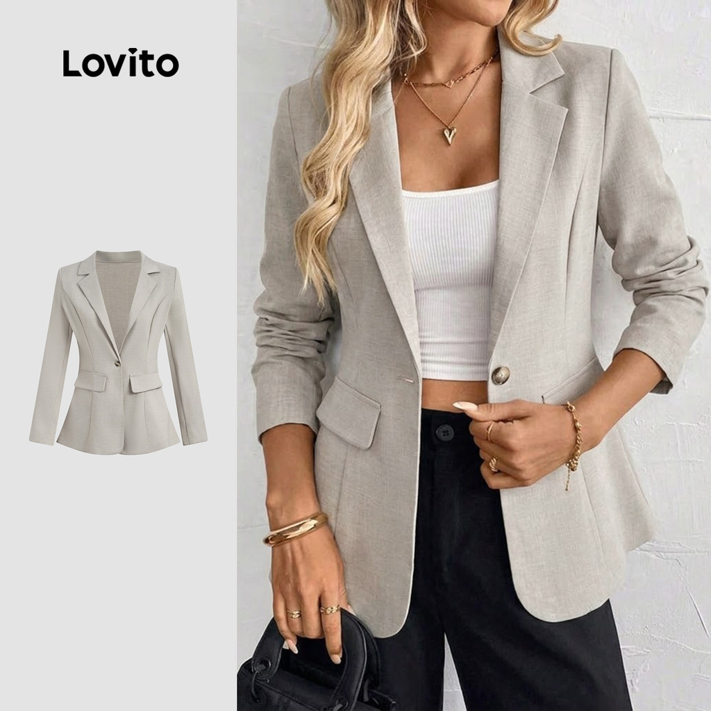 Lovito Elegante Blazer Cinza Frente Abotoada para Mulheres Primavera/Verão LK6LD