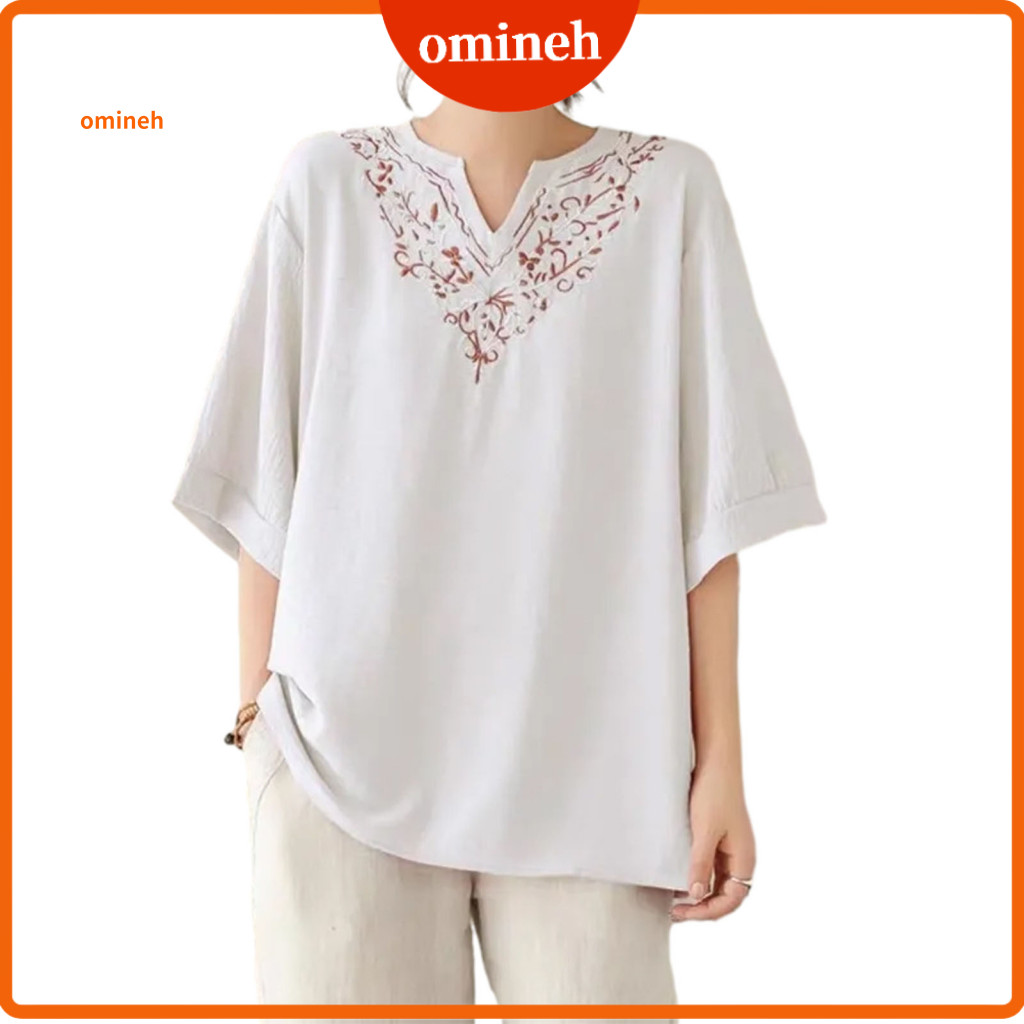 V Neckline Top Women Neck T-shirt Women’s Embroidered Floral Loose Fit Pullover Traditional Pattern Tee Pure Color Sum