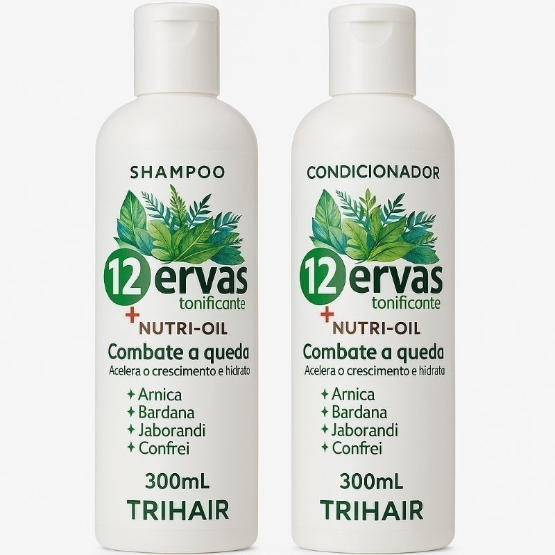 Kit Shampoo e Condicionador Trihair 12 Ervas Nutri-Oil 300ml – Combate a Queda e Acelera Crescimento