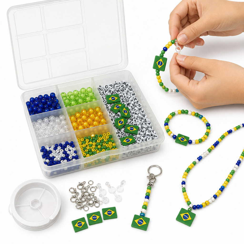 Kit Missangas Brasil Verde Amarelo Azul Branco Com Caixa Organizadora Fio Silicone Fabrica Pulseira