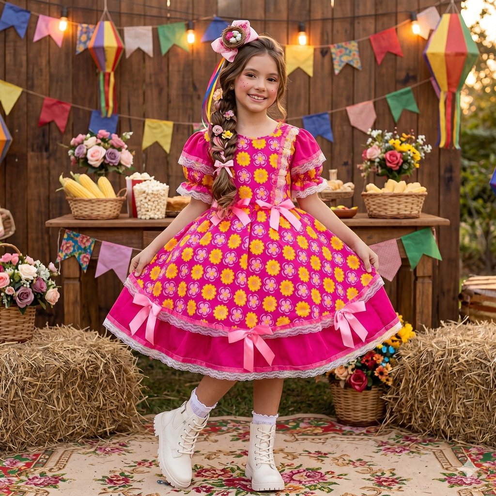 Vestido Junino Mimadine Luxo Menina Maisa Pink Infantil Festa Junina Caipira