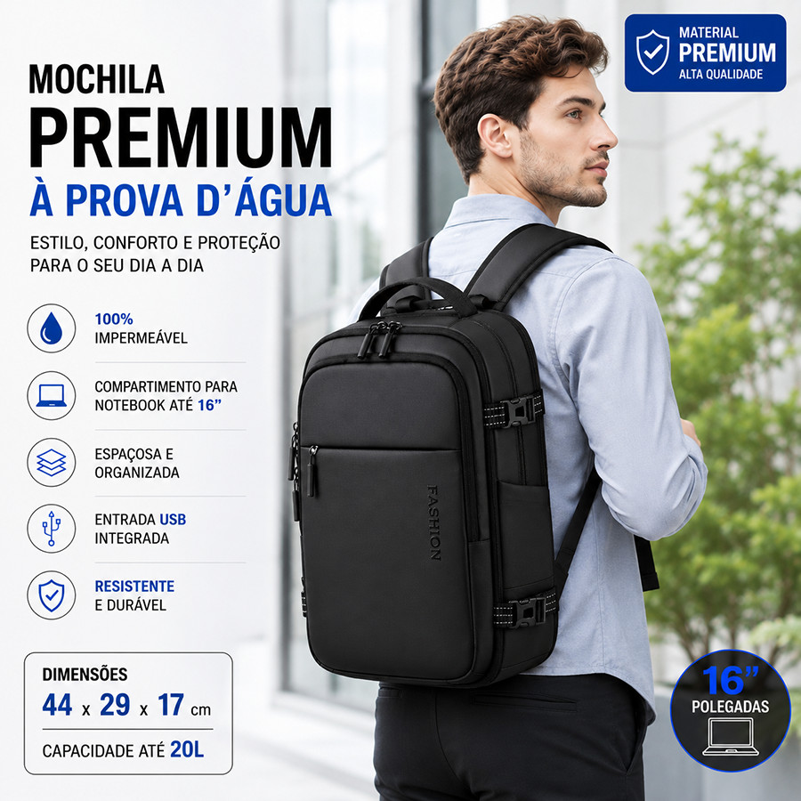Nova Mochila Masculina Executiva em Revestimento Pele Premium, Resistente à Água, Bolsa para Notebook Trabalho e Viagem