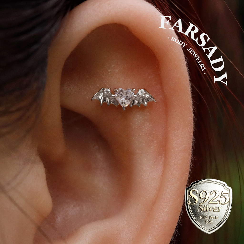 Brinco De Cartilagem De Prata Esterlina Com Gema De Coração E Hélice Plana : , Joia De Piercing De Lóbulo Tragus Banhado