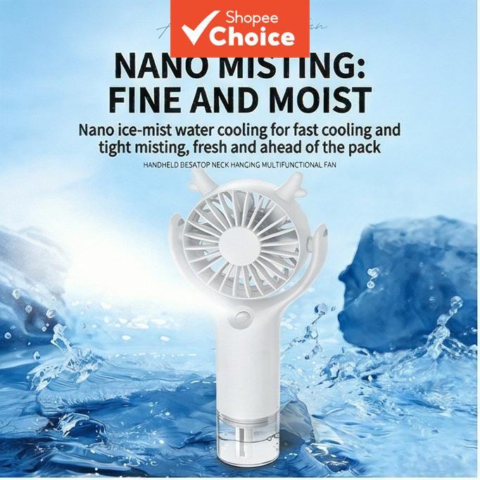Ventilador de pescoço nebulizador de chifre de veado - Potente ventilador portátil turbo de 3 velocidades com névoa fina