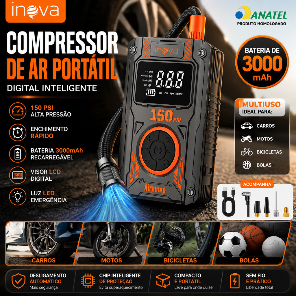 Compressor de Ar Portátil Inova 150 PSI Inflador de Pneu Elétrico Recarregável Digital 3000mAh