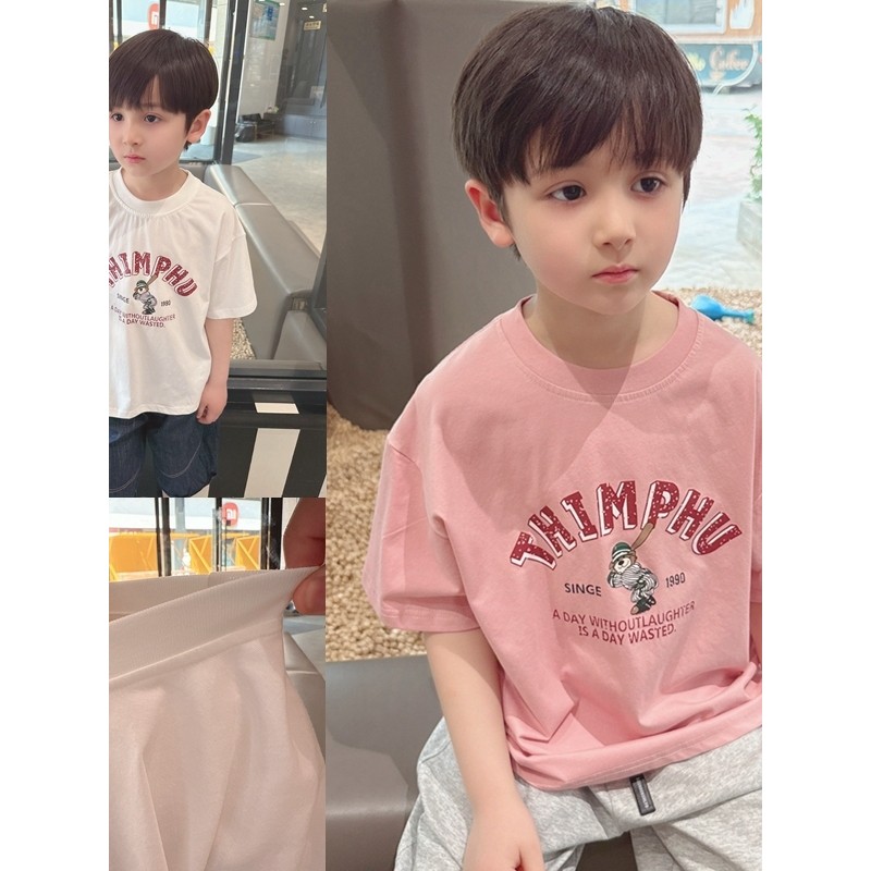 Algodão puro fino algodão menino dos desenhos animados impresso camiseta de manga curta 2025 verão novo estilo crianças 
