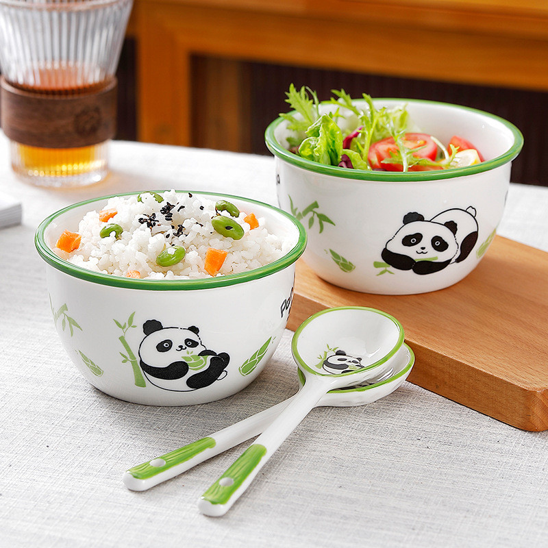 Panda tigela de cerâmica Underglaze cor tigela de arroz 2 tigelas 2 colher tigela conjunto novo estilo bonito comer tige