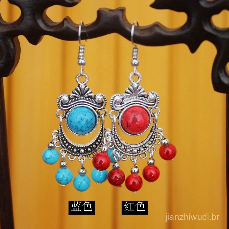 Brincos populares de estilo étnico, joias especiais de Yunnan, brincos vintage de prata tibetana vermelha e azul, brinco