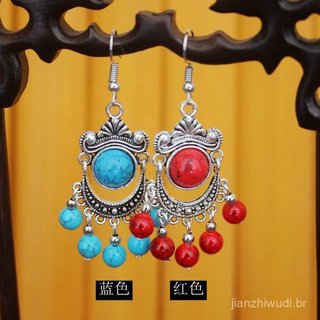 Brincos populares de estilo étnico, joias especiais de Yunnan, brincos vintage de prata tibetana vermelha e azul, brinco