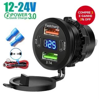 Tomada de Carregador para Carro com Dupla Entrada Tipo-C e Duplas USB, 4 Portas, Carregam…