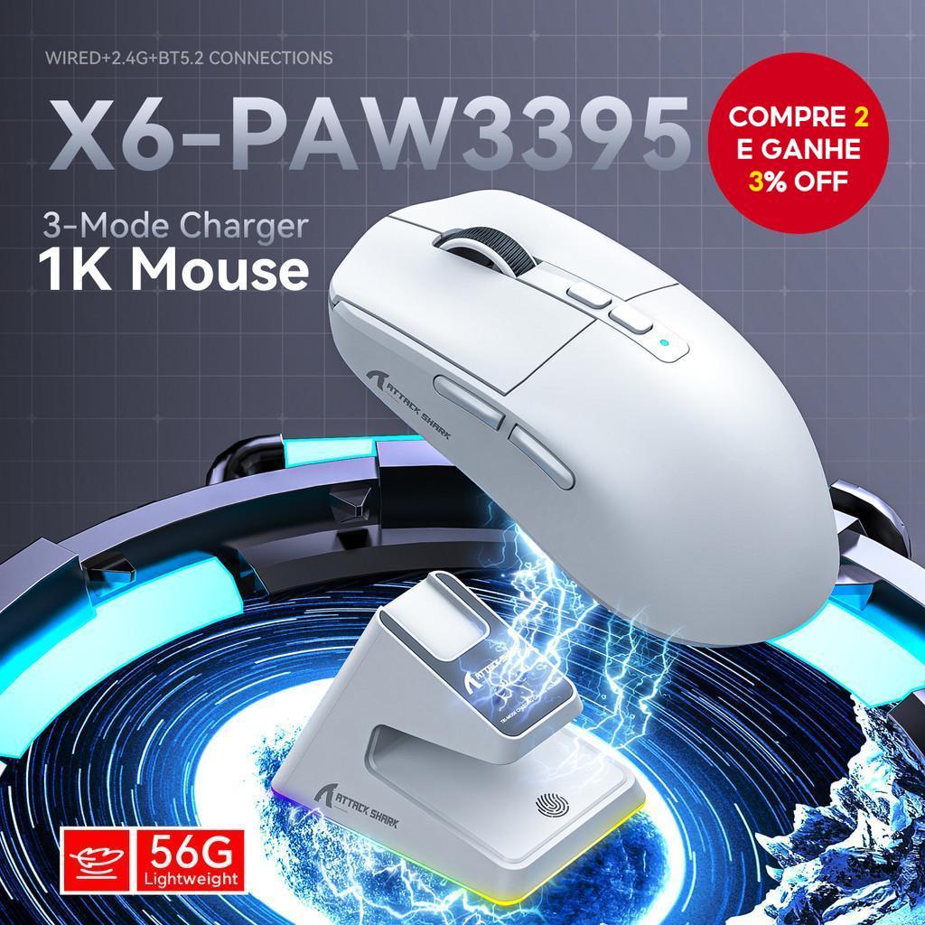 ATTACK SHARK X6 Mouse Gamer Sem Fio Ultra-Leve 56g PAW3395 26K DPI 3 Modos Bluetooth 5.2/2.4G/Com Fio Bateria 200H 80M
