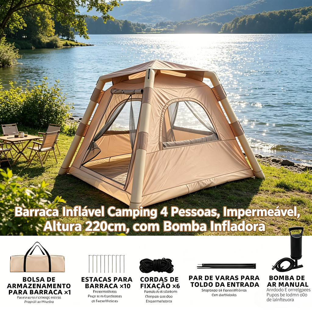 Barraca Inflável Camping 4 Pessoas Altura  + Bomba Infladora Montagem  Portátil Para Praia Acampamento Familiar