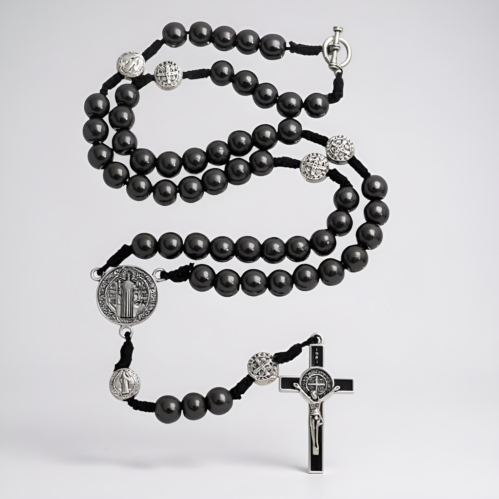 Crucifixo De Pescoço Colar Terço Hematita São Bento Cordão Terço de Pescoço São Bento