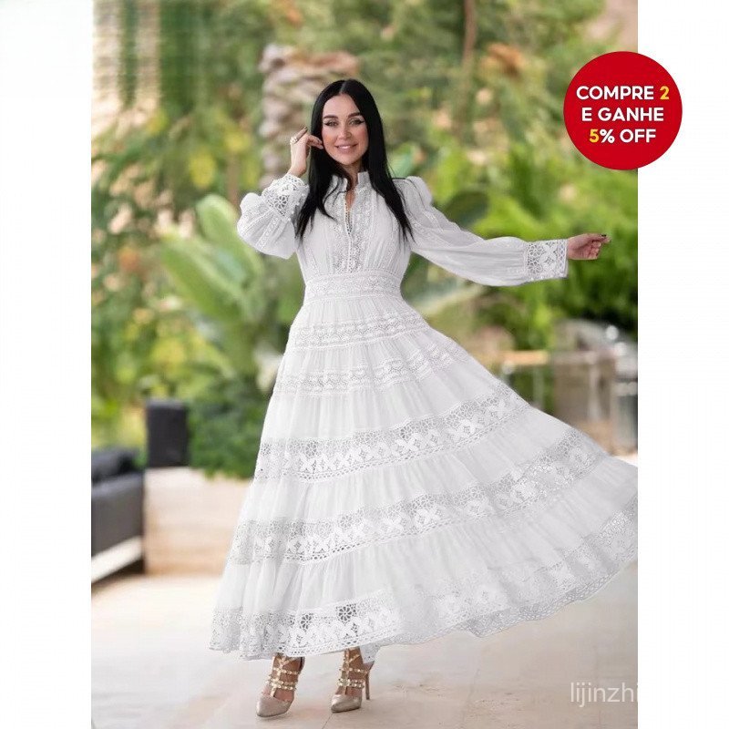 Vestido Midi Feminino Branco Bordado de Manga Longa para Festa com Acabamento em Renda e Design Vazado em A M9LL WNJY