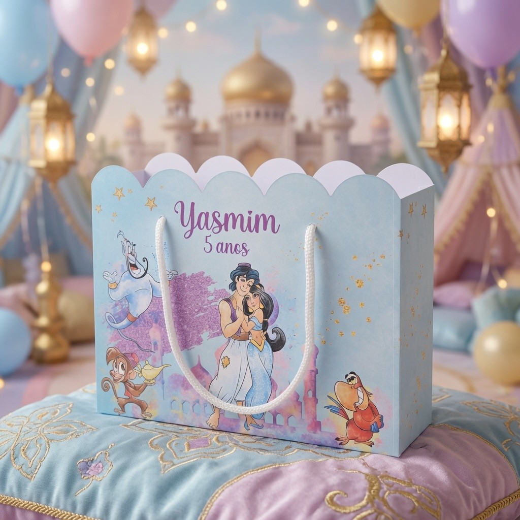 Sacolinha Personalizada Aladdin e Jasmine Sacolinha de Lembrancinha para Festa de Aniversário