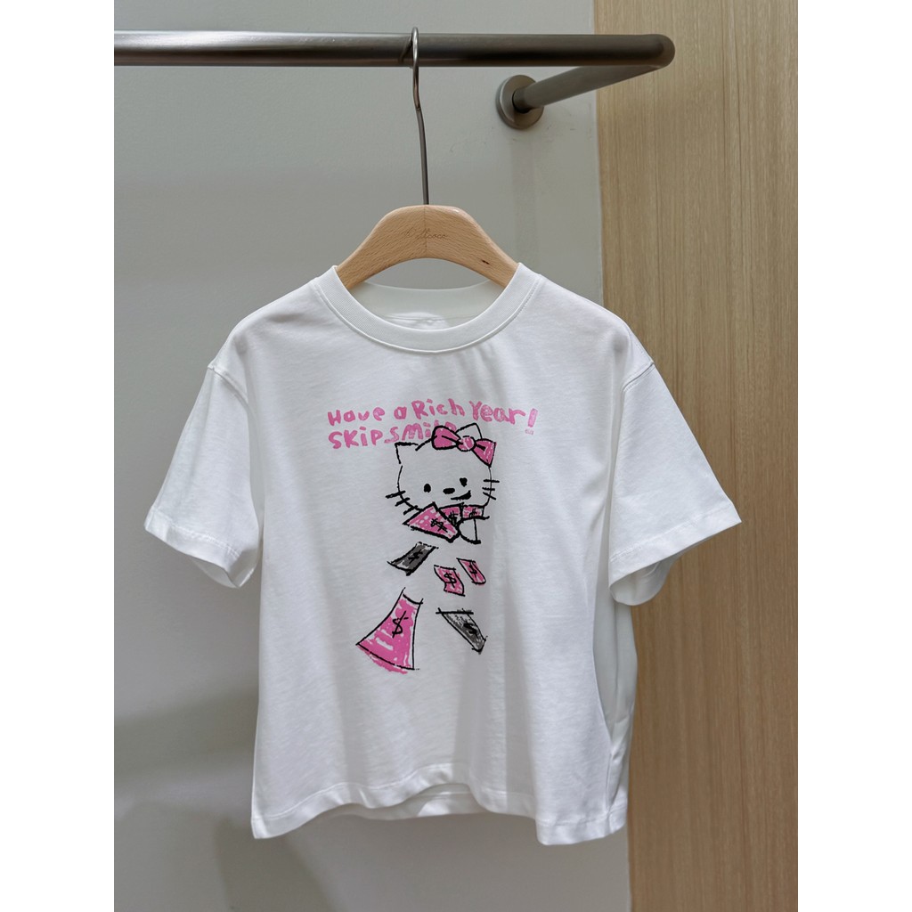 Pronto estoque coreano meninas KT gato impressão camiseta de manga curta crianças soltas meia manga médio grande criança