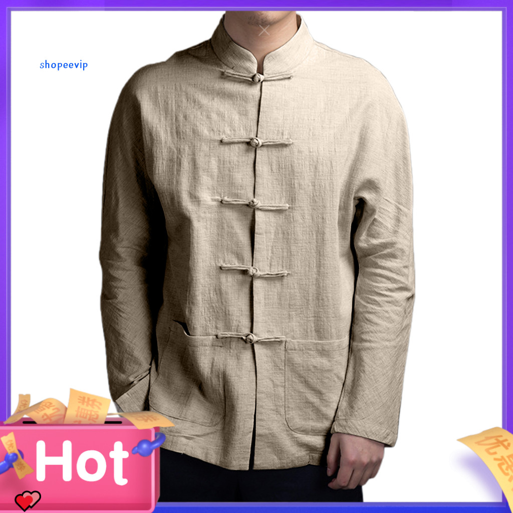 Lightweight Breathable Men Shirt Long Sleeve Men's Autumn Chinese Style Mandarin Collar Tai Chi Kung Fu Top with Pockets