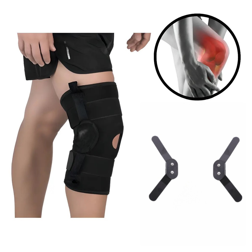 Joelheira ortopédica articulada com almofada de gel para a patela e protetor de joelho respirável e antiderrapante.