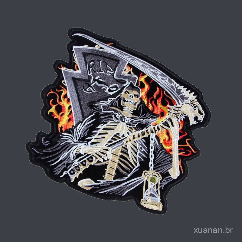 Emblema bordado, caveira, foice, Ceifador Sombrio, motocicleta, etiqueta de roupa de boutique, tecido, cavaleiro, apliqu
