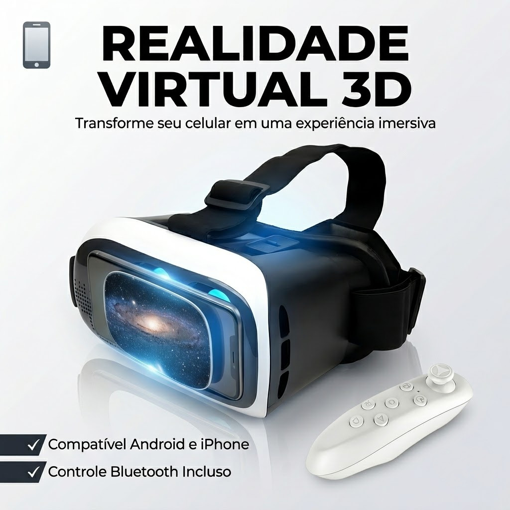 Óculos VR Box 3D Realidade Virtual Para Celular Android iPhone Com Controle Bluetooth