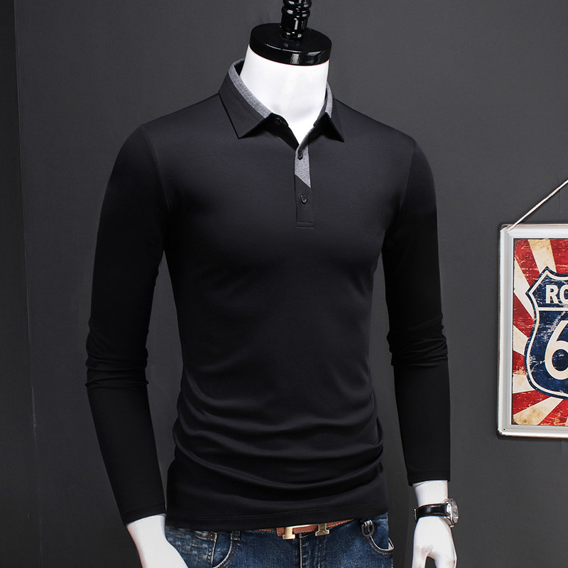 Lapela de manga comprida camiseta masculina duplo mercerizado algodão outono topo masculino negócios Casual contraste co
