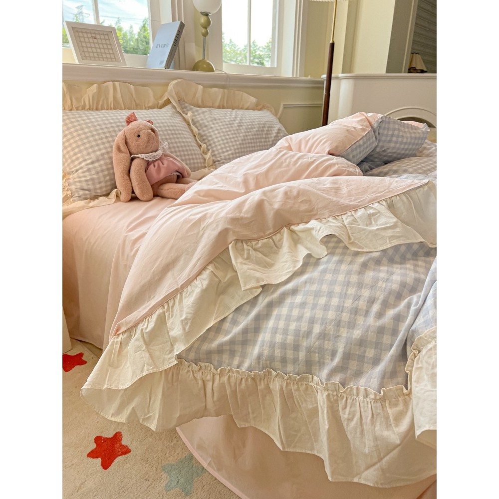 Cama de algodão lavado com babados estilo princesa conjunto de quatro peças lençol Super macio capa de edredão dormitóri