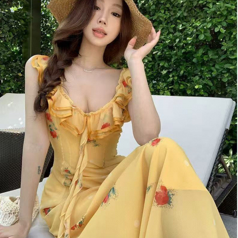 Vestido floral Amarelo Com Decote Em V Estilo Férias Para Mulheres Acabamento Renda De Camada Dupla , Longo Emagrecedor