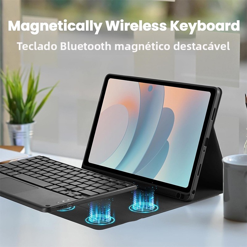 Capa Protetora com Teclado Bluetooth Magnético Touchpad Retroiluminado Compatível com Todos Modelos Tablet Samsung Galax