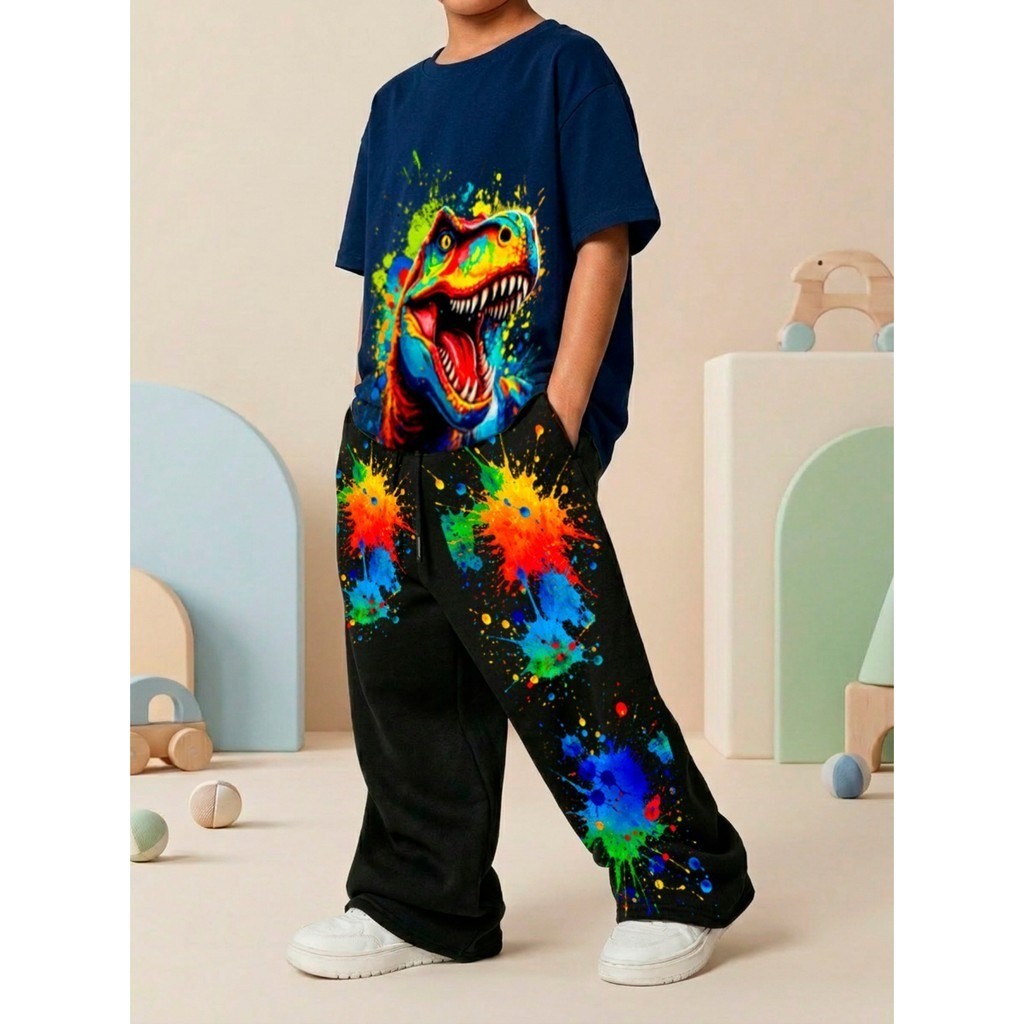Conjunto  Infantil Camiseta  e Calça Wide Lag 100% Algodão Estampa Dinossauro
