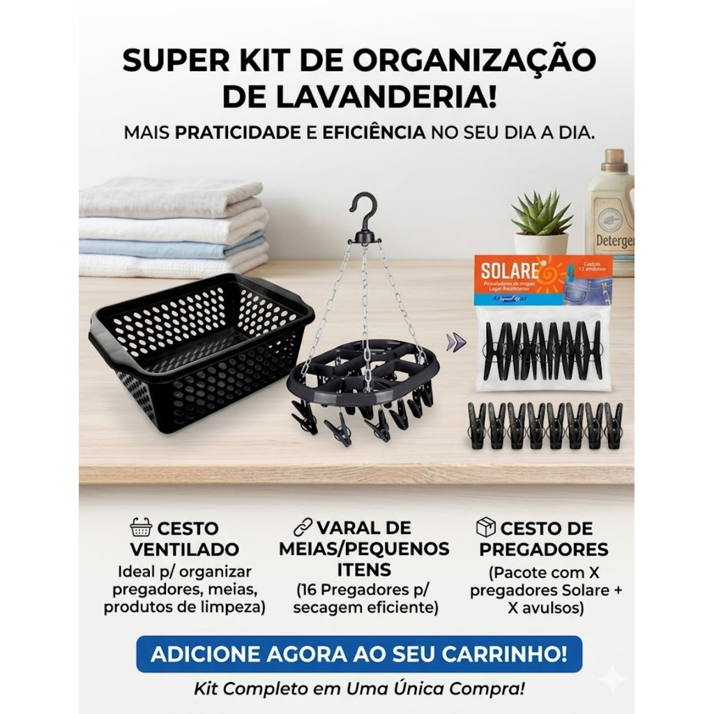 Kit Lavanderia Completo Cesto Organizador Varal Oval 16 Prendedores Pregadores Multiuso