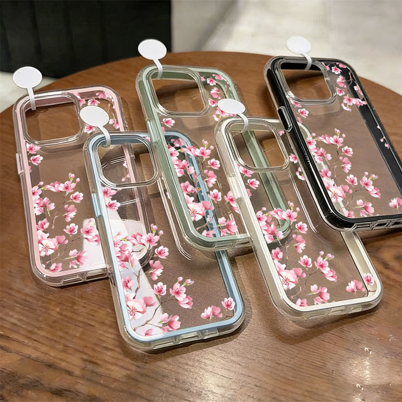Capa Transparente 2 Em 1 Para iPhone 17 16 15 14 13 12 11 XR Pro Max Rosa Sakura Padrão Floral À Prova De Choque — imagem 2 de 2