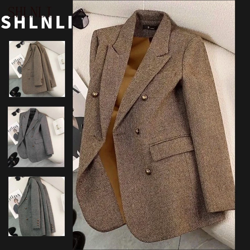 Blazer Feminino Casual Tweed Espinha De Peixe Jaqueta Com Peito Duplo — imagem 1