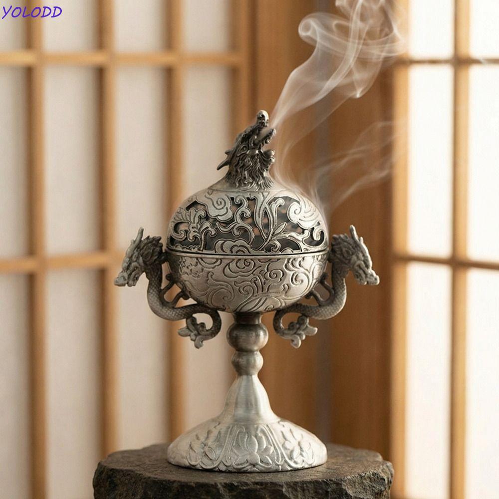Suporte De Incenso De Metal Yoloqx , Queimador Liga Artesanal Oco , Fogão Vintage De Dragão Duplo De Pé Alto