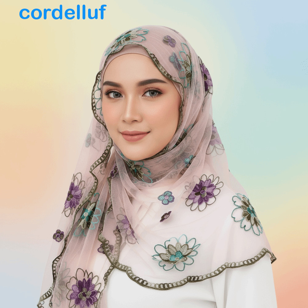 CORDELLUF Floral Headwrap , Xale Transparente Bordado Translúcido , Estola De Malha Macia Recortada Adequada Para A Pele