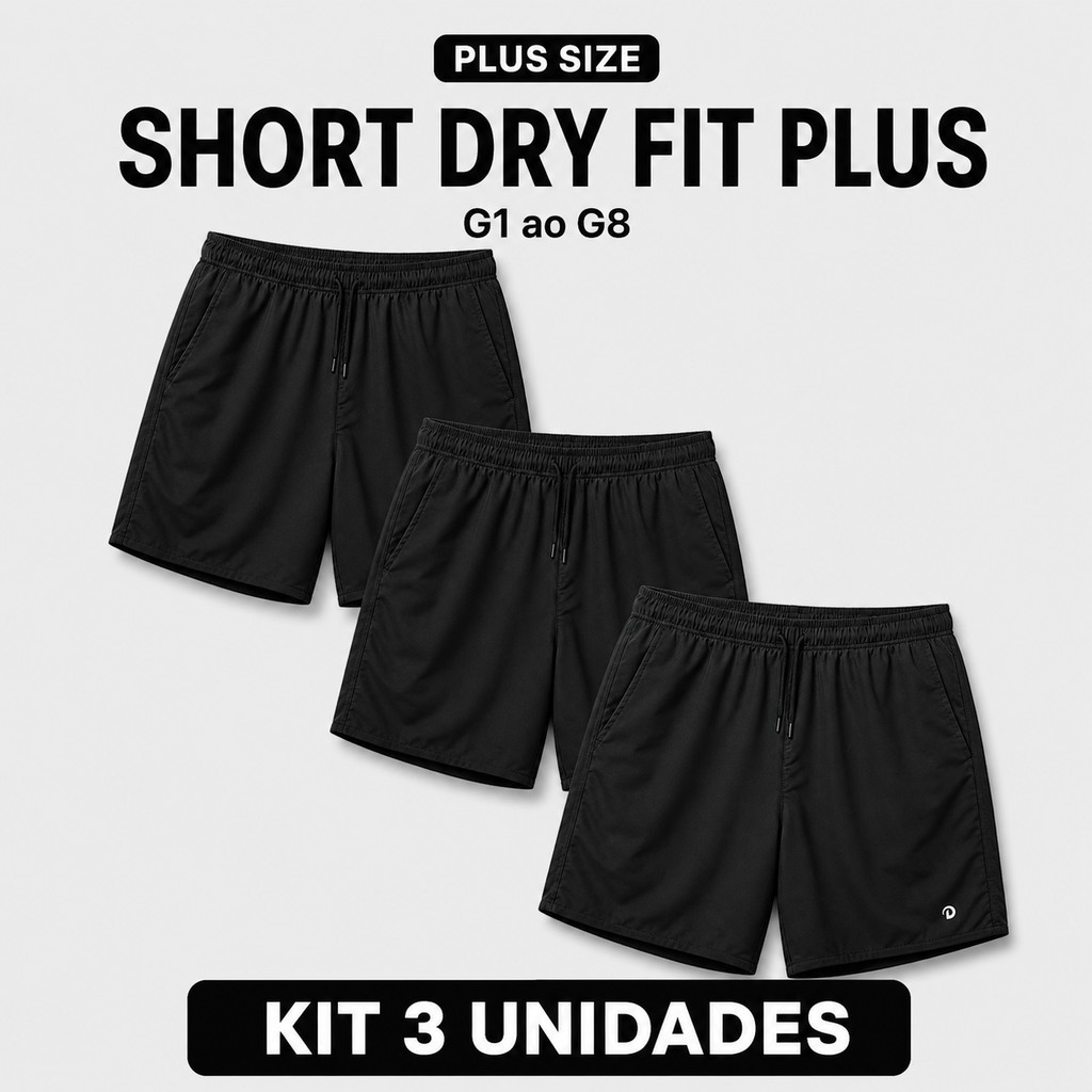 Conjunto 3 Bermudas Plus Dry Fit Masculino Fitness Para Corrida Caminhada Academia e Lazer