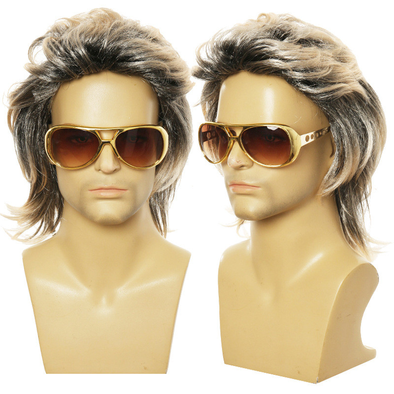 Halloween Disco Mullet peruca 80s europeu americano masculino Rock peruca cor misturada Punk cabelo médio longo