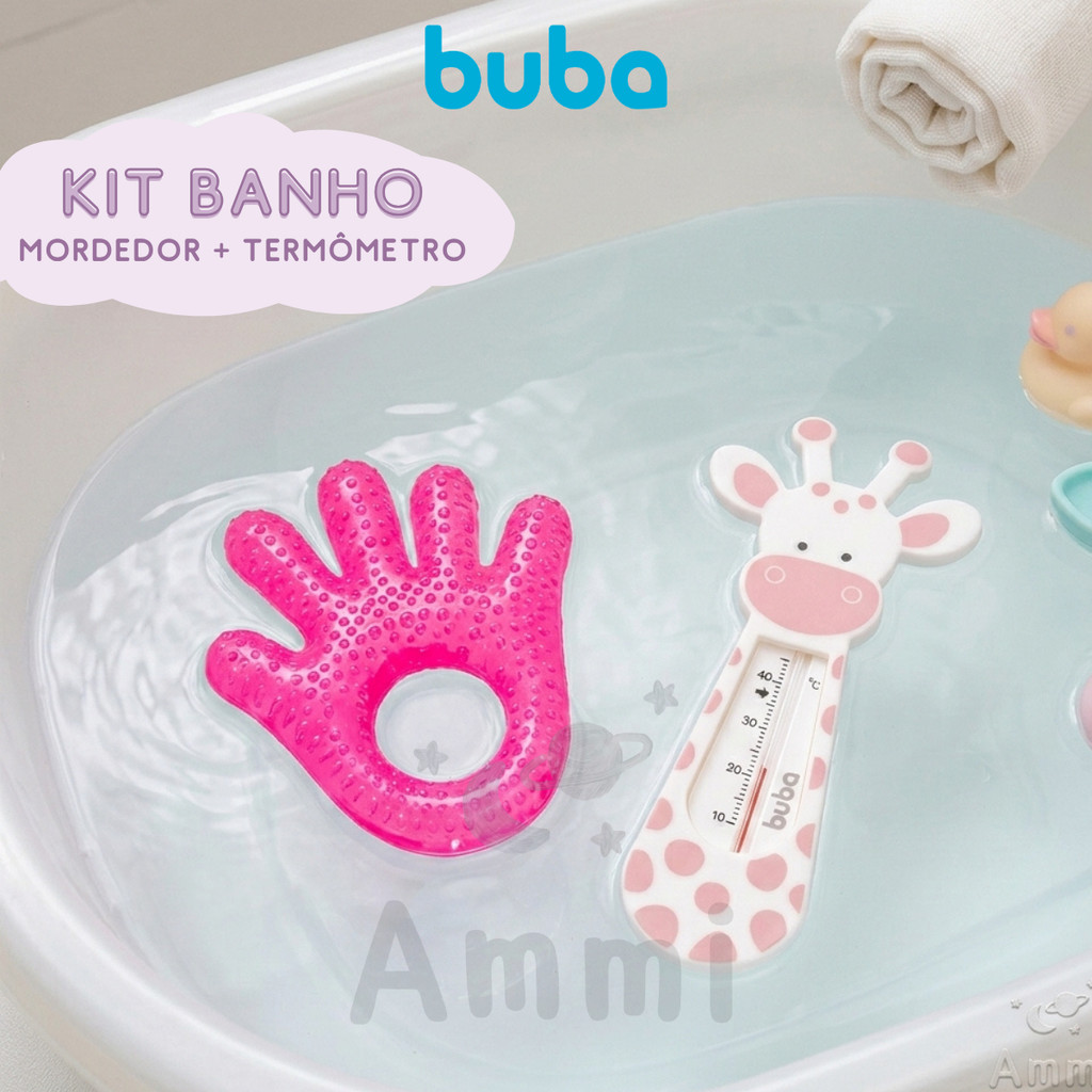 Kit Banho Bebê Buba com Termômetro de Banheira e Mordedor Infantil Medidor de Temperatura da Água